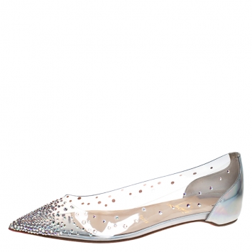 Pre Owned Christian Louboutin Metallic Silver Leather And PVC Degrastrass Pointed Toe Ballet Flats Size 36