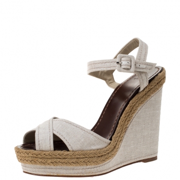 مملوكة مسبقًا Christian Louboutin Cream Canvas Almeria Cross Strap Espadrille Wedge Sandals Size 40