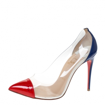 Pre Owned Christian Louboutin Red/Blue Patent Leather And PVC Debout Pumps Size 38