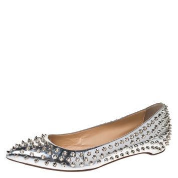 Pre Owned Christian Louboutin Silver Leather Spiked Ballet Flats Size 39.5