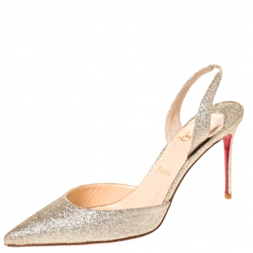 Pre Owned Christian Louboutin Gold Leather Ever Glitter Halter Pointed Toe Slingback Sandals Size 40