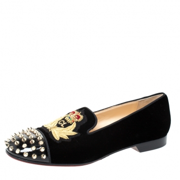 مملوكة مسبقًا Christian Louboutin Black Velvet And Patent Spiked Cap Toe Harvanana Smoking Slippers Size 39