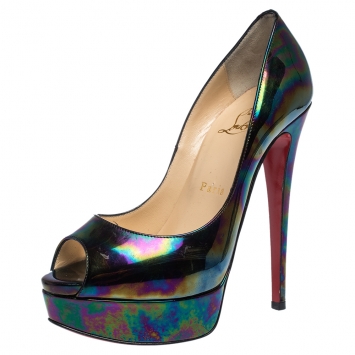 Pre Owned Christian Louboutin Holographic Patent Leather Lady Peep Toe Platform Pumps Size 36