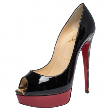 Pre Owned Christian Louboutin Black/Red/Leopard Print Patent Leather Lady Peep Toe Platform Pumps Size 37.5