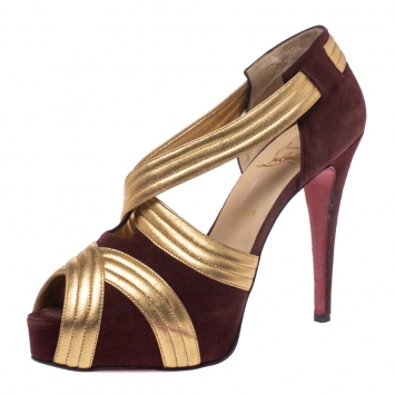 Pre Owned Christian Louboutin Burgundy/Gold Suede And Leather Criss Cross Strap Peep Toe Platform Pumps Size 40.5