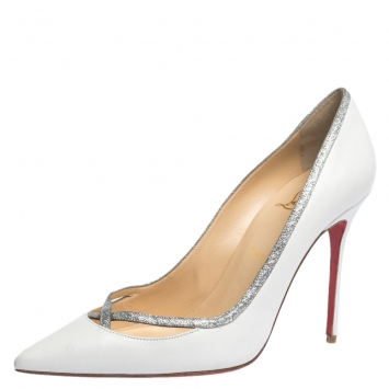Pre Owned Christian Louboutin White Leather And Glitter Trim Pointed Toe Pumps Size 40