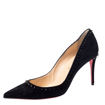 Pre Owned Christian Louboutin Black Suede Anjalina Spike Trim Pointed Toe Pumps Size 39.5