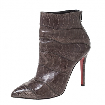 Pre Owned Christian Louboutin Grey Ostrich Leather Zermadame Ankle Booties Size 38.5