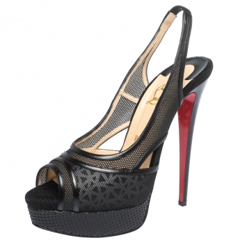 Pre Owned Christian Louboutin Black Leather And Net Marinadentella Platform Slingback Sandals Size 40.5