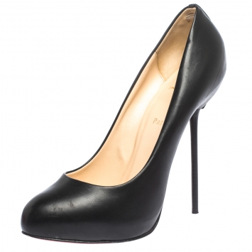 Pre Owned Christian Louboutin Black Leather Round Toe Pointed Heel Pumps Size 42