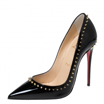 Pre Owned Christian Louboutin Black Studded Patent Leather Anjalina Pumps Size 35