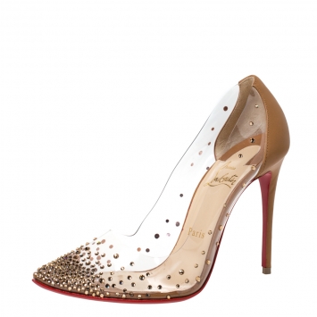 Pre Owned Christian Louboutin Brown Leather and PVC Degrastrass Pointed Toe Pumps Size 37
