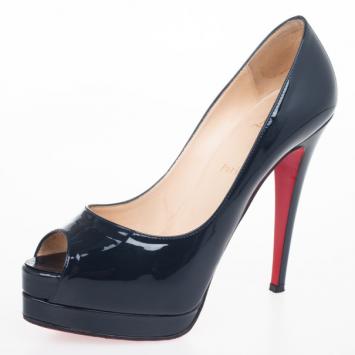 Pre Owned Christian Louboutin Navy Blue Patent Leather ‘Altadama’ Platform Peep Toe Pumps Size 39.5