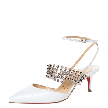 Pre Owned Christian Louboutin White Lizard Embossed Leather and PVC Levita 55 Studded Ankle Wrap Sandals Size 36