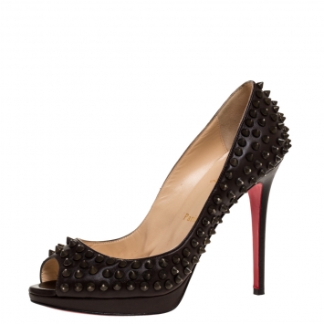 Pre Owned Christian Louboutin Brown Leather Yolanda Spiked Peep Toe Platform Pumps Size 39