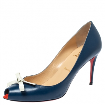 Pre Owned Christian Louboutin Blue Leather Tibunodo Bow Peep Toe Pumps Size 38.5