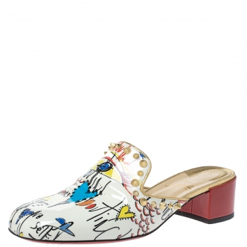 Pre Owned Christian Louboutin White Printed Patent Leather Spiky Sun 35 Mules Size 41