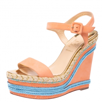 Pre Owned Christian Louboutin Pale Orange Leather New Duplice Ankle Strap Wedges Platform Sandals Size 38