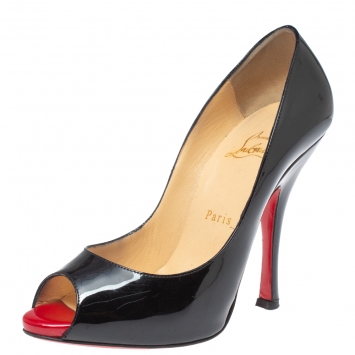 Pre Owned Christian Louboutin Black Patent Leather Very Prive Peep Toe Pumps Size 37.5