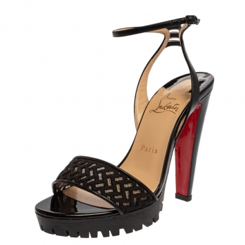 Pre Owned Christian Louboutin Black Leather And Mesh Volumetric Ankle Strap Sandals Size 38.5