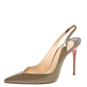 Pre Owned Christian Louboutin Olive Patent Leather Slingback Pointed Toe Pumps Size 38