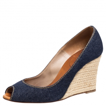 Pre Owned Christian Louboutin Blue Denim Pepi Espadrille Wedge Pumps Size 38