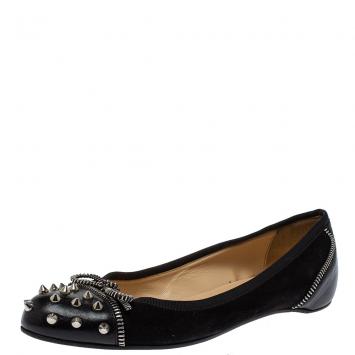 Pre Owned Christian Louboutin Black Leather Spiked Zipper Ballet Flats Size 37