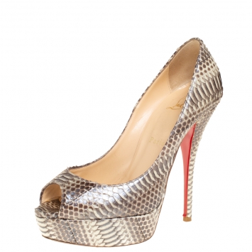Pre Owned Christian Louboutin Brown/Beige Python Lady Peep Toe Platform Pumps Size 37