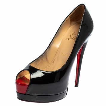 Pre Owned Christian Louboutin Black Patent Leather New Very Prive Peep Toe Pumps Size 38