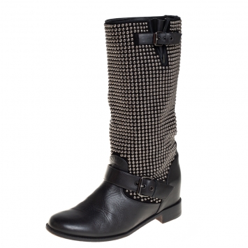 Pre Owned Christian Louboutin Black Leather And Suede Studded Akhalil Mid Calf Boots Size 39