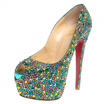 Pre Owned Christian Louboutin Multicolor Strass Embellished Suede Highness Platform Pumps Size 39