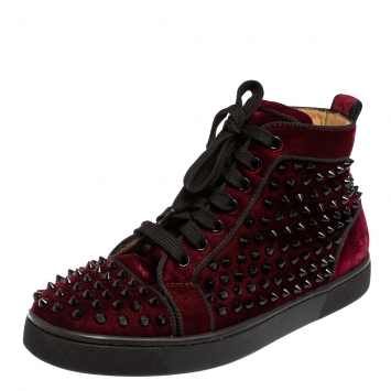 Pre Owned Christian Louboutin Burgundy Velvet Louis Spikes High Top Sneakers Size 39.5