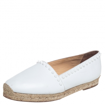 Pre Owned Christian Louboutin White Leather Spike Espadrille Flats Size 38