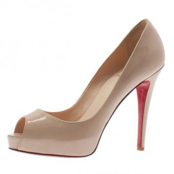 Pre Owned Christian Louboutin Nude Patent Very Prive Peep Toe Pumps Size 37
