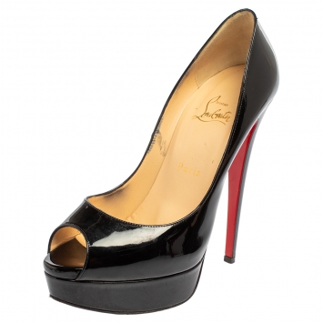 Pre Owned  Christian Louboutin Black Patent Leather Lady Peep Toe Platform Pumps Size 39