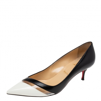 Pre Owned Christian Louboutin Black/White Patent and Leather and PVC 17th Floor Pointed-Toe Pumps Size 39.5