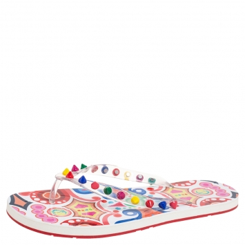 Pre Owned Christian Louboutin Multicolor Rubber Loubi Spikes Thong Flats Size 39