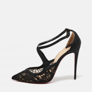Pre Owned Christian Louboutin Black Lace And Fabric Twistissima Pointed Toe Ankle Strap Sandals Size 38