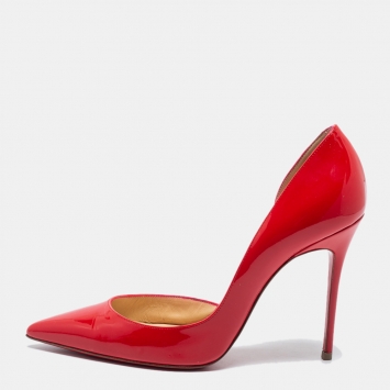 Pre Owned Christian Louboutin Coral Red Patent Leather Iriza Pumps Size 37.5