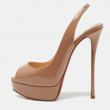Pre Owned Christian Louboutin Beige Patent Leather Lady Peep Toe Slingback Pumps Size 37.5
