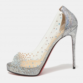 Pre Owned Christian Louboutin Blue Glitter Suede and PVC Very Strass Peep Toe Pumps Size 37