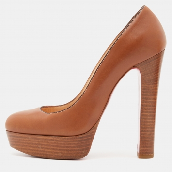 Pre Owned Christian Louboutin Brown Leather Bibi Platform Pumps Size 37.5