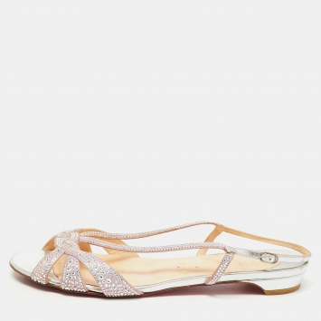 Pre Owned Christian Louboutin Pink Crystal Embellished Suede Slingback Flat Sandals Size 38