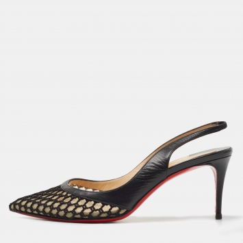 Pre Owned Christian Louboutin Black Leather and Mesh Miluna Slingback Pumps Size 38