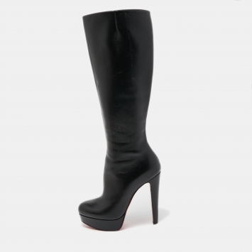 Pre Owned Christian Louboutin Black Leather Knee Length Boots Size 38