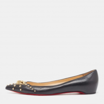 Pre Owned Christian Louboutin Black Leather Door Knock Studded Ballet Flats Size 38.5