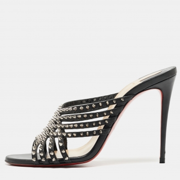 Pre Owned Christian Louboutin Black Leather Marthaspike Sandals Size 38