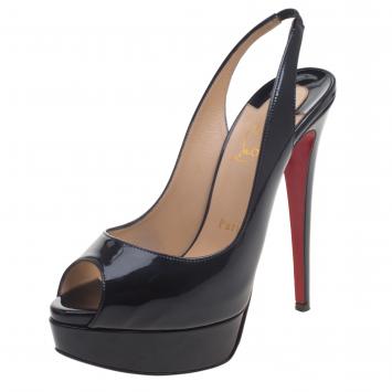 Pre Owned Christian Louboutin Black Patent Leather Lady Peep Toe Platform Slingback Sandals Size 37.5