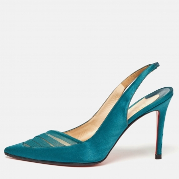 Pre Owned Christian Louboutin Teal Satin and Pleated Fabric Slingback Pumps Size 38