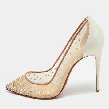 Pre Owned Christian Louboutin Beige/Iridescent Mesh and Leather Follies Strass Pumps Size 38.5